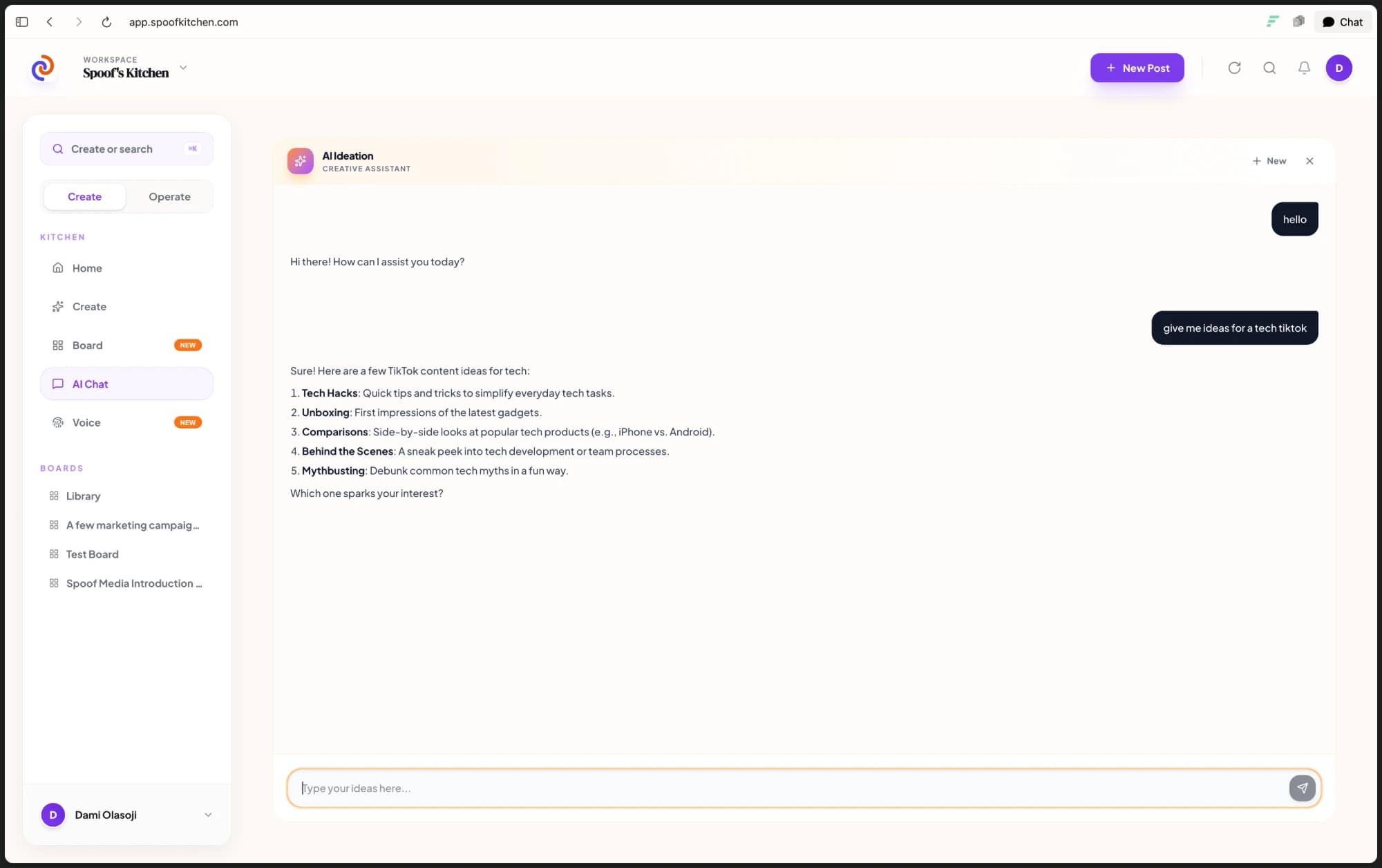 AI Ideation panel — Creative Assistant brainstorming a post angle.