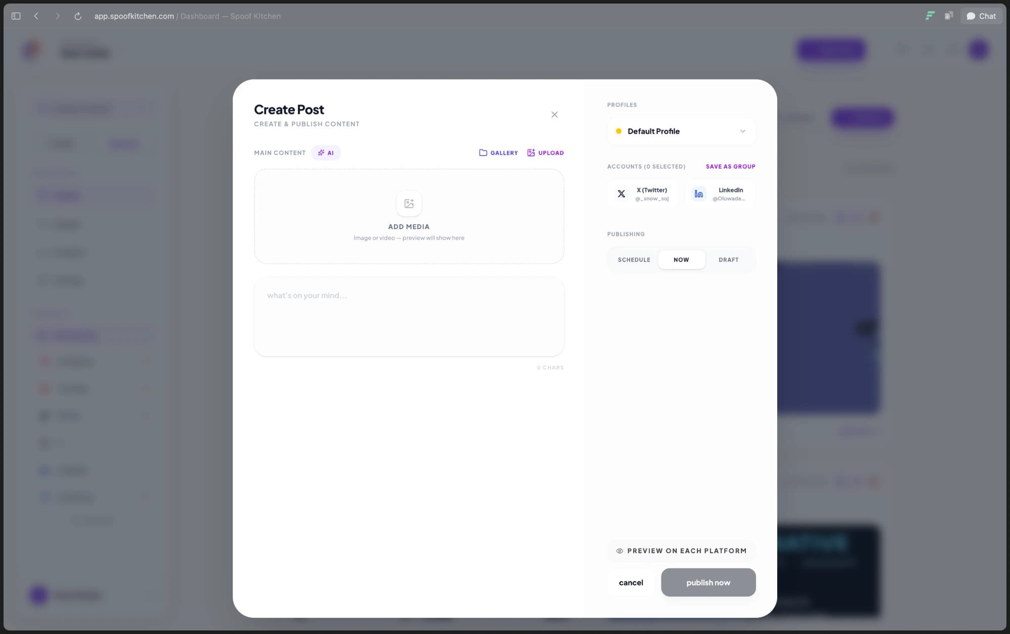 Create Post modal — schedule across every connected channel from one form.