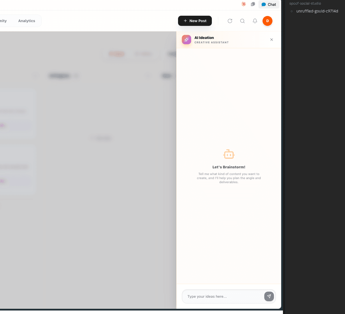 AI Ideation panel — Creative Assistant brainstorming a post angle.