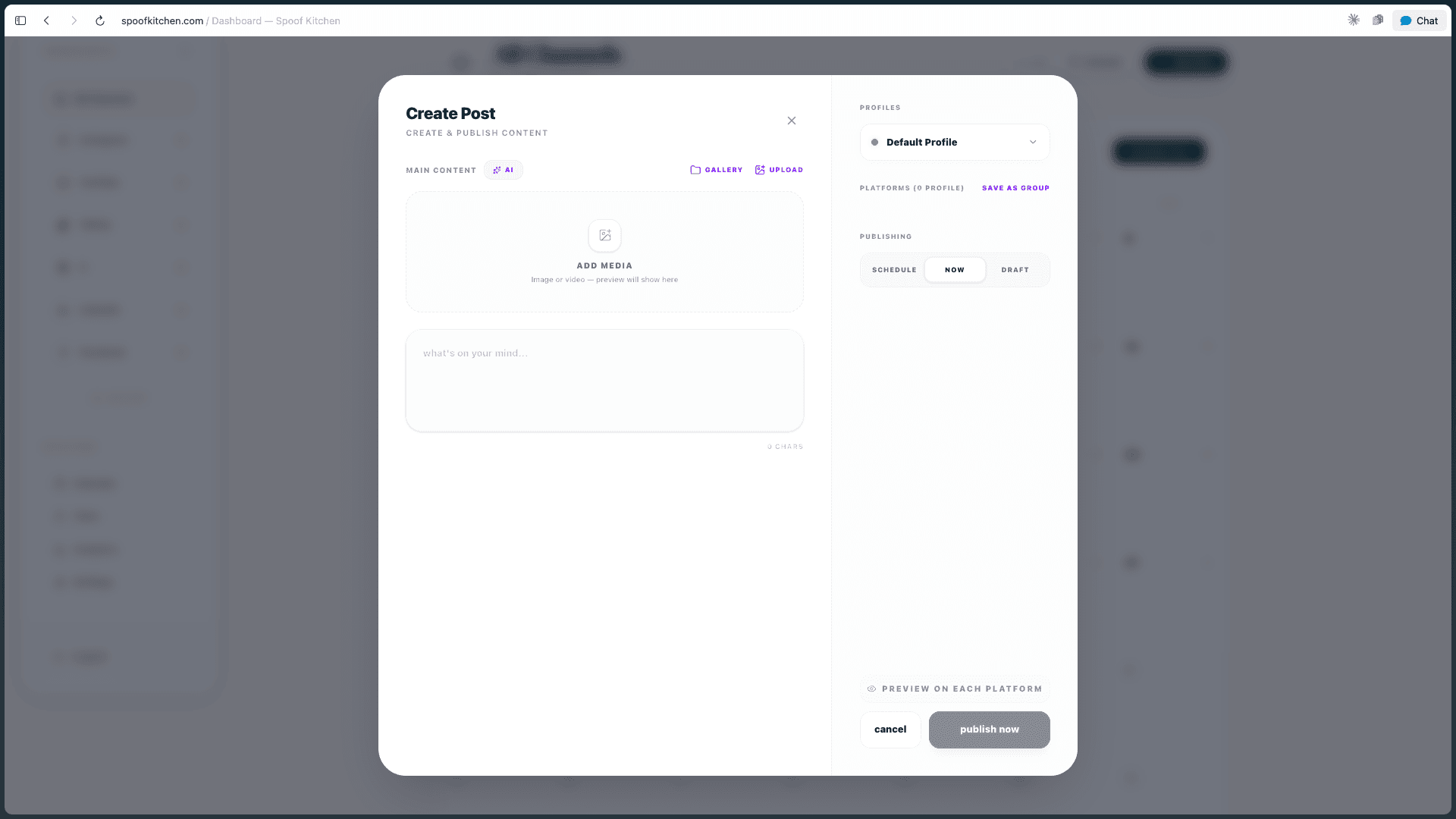 Create Post modal — schedule across every connected channel from one form.